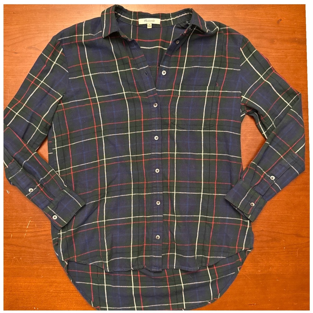 Madewell XS Flannel Shirt Womens Long‎ Sleeve Blue Green Plaid Button Down